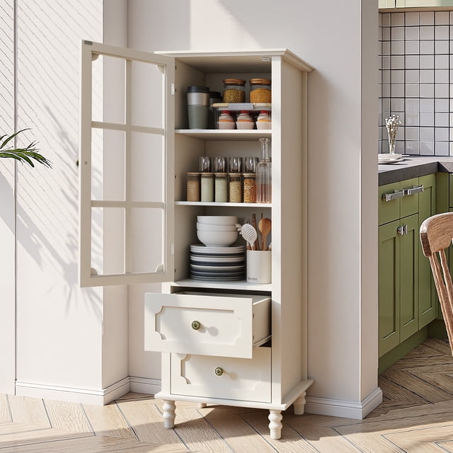 SESSLIFE Tall Pantry Cabinet with Glass Door, Narrow Kitchen Storage Cabinet with Drawers, Adjustable Shelves, Modern Farmhouse Storage Cabinet for Small Spaces, White