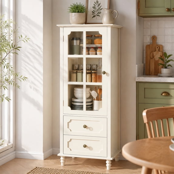 SESSLIFE Small Pantry Cabinet with Glass Door and Drawers, Kitchen Cabinet with Adjustable Shelves, Pantry Storage Cabinet for Dining Room, Coffee Nook and Small Spaces, White