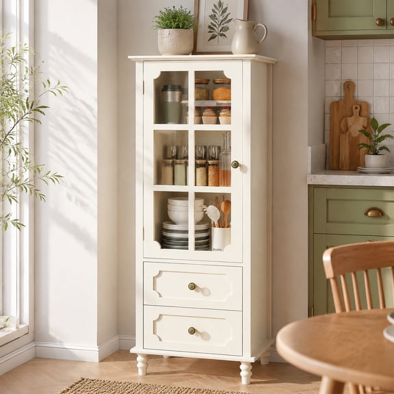 SESSLIFE Small Pantry Cabinet with Glass Door and Drawers, Kitchen Cabinet with Adjustable Shelves, Pantry Storage Cabinet for Dining Room, Coffee Nook and Small Spaces, White