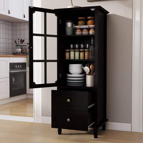 SESSLIFE Small Pantry Cabinet with Glass Door and 2 Drawers, Freestanding Storage Cabinet with Adjustable Shelves for Kitchen, Dining Room, Coffee Bar and Small Spaces, Black