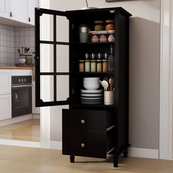 SESSLIFE Small Pantry Cabinet with Glass Door and Drawers, Kitchen Cabinet with Adjustable Shelves, Pantry Storage Cabinet for Dining Room, Coffee Nook and Small Spaces, Black