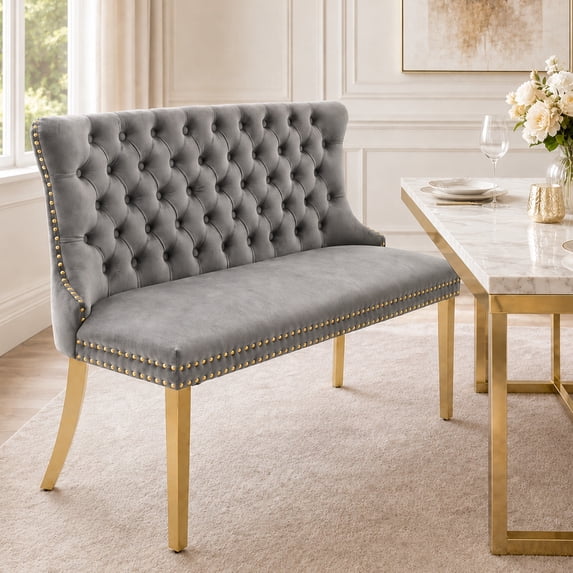SESSLIFE Velvet Dining Bench with Back, 2 Seat Upholstered Banquette Bench with Nailhead Trim and Stainless Steel Legs, Dining Room Bench for Kitchen, Entryway, Gray