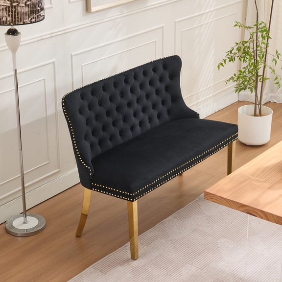 SESSLIFE Dining Bench with Back, Modern Upholstered Velvet Loveseat Bench 2-Seat, Gold Metal Legs and Nailhead Trim, Banquette Bench for Kitchen, Living Room, Bedroom, Black