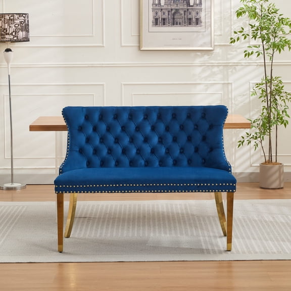 SESSLIFE Dining Bench with Back, Modern Upholstered Velvet Loveseat Bench 2-Seat, Gold Metal Legs and Nailhead Trim, Banquette Bench for Kitchen, Living Room, Bedroom, Blue