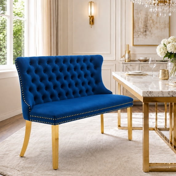 SESSLIFE Velvet Dining Bench with Back, 2 Seat Upholstered Banquette Bench with Nailhead Trim and Stainless Steel Legs, Dining Room Bench for Kitchen, Entryway, Blue