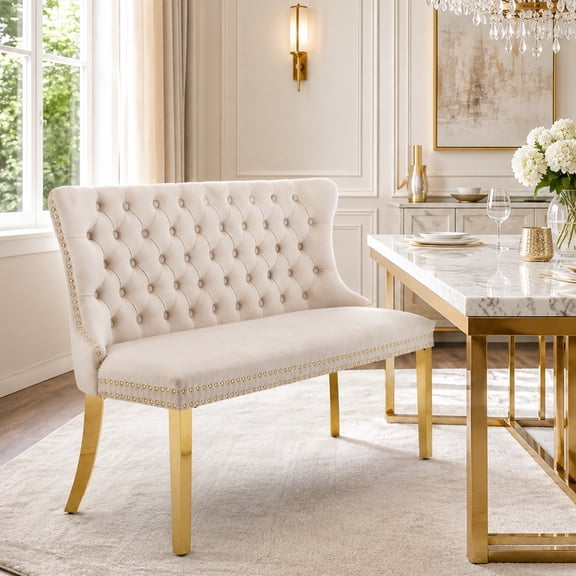 SESSLIFE Velvet Dining Bench with Back, 2 Seat Upholstered Banquette Bench with Nailhead Trim and Stainless Steel Legs, Dining Room Bench for Kitchen, Entryway, Beige