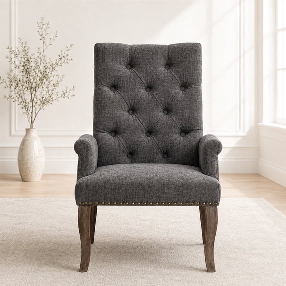 SESSLIFE Dining Chair with Arms, Upholstered Chenille Kitchen & Dining Room Chairs with High Back, Nailhead Trim and Wood Legs, Fabric Tuft Dining Chair for Home, Gray