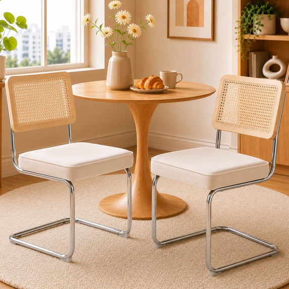 SESSLIFE Dining Chairs Set of 2, Rattan Cane Back Dining Room Chairs with Velvet Upholstered Seat, Cantilever Kitchen Chairs with Chrome Frame, 300 lbs, Beige