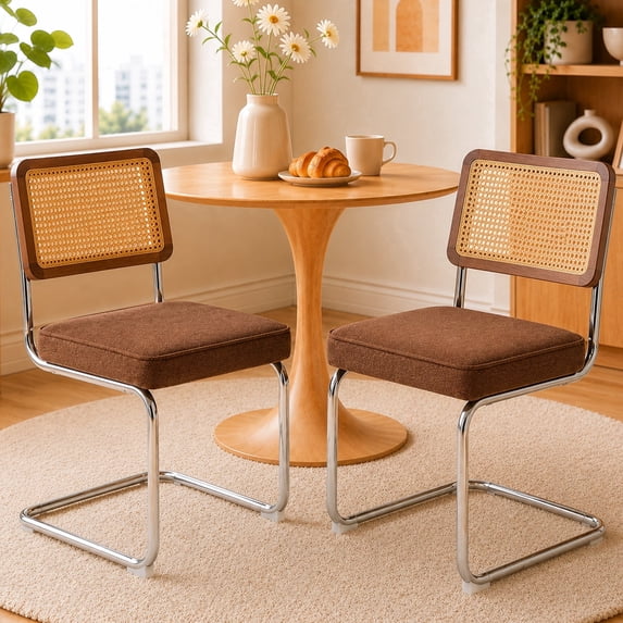 SESSLIFE Dining Chairs Set of 2, Rattan Cane Back Dining Room Chairs with Linen Upholstered Seat, Cantilever Kitchen Chairs with Chrome Frame, 300 lbs,Coffee