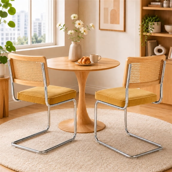 SESSLIFE Dining Chairs Set of 2, Rattan Cane Back Dining Room Chairs with Velvet Upholstered Seat, Cantilever Kitchen Chairs with Chrome Frame, 360 lbs, Gold