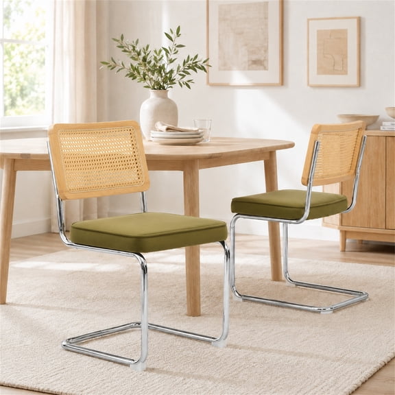 SESSLIFE Dining Chairs Set of 2, Rattan Cane Back Dining Room Chairs with Velvet Upholstered Seat, Cantilever Kitchen Chairs with Chrome Frame, 360 lbs, Olive Green