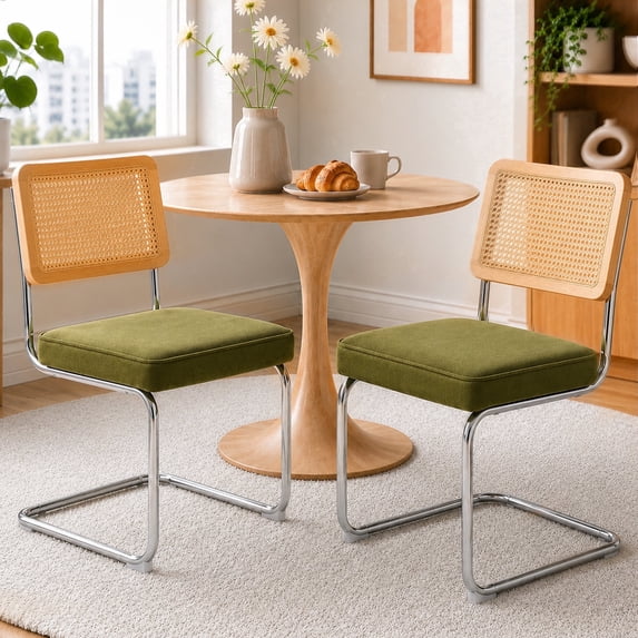 SESSLIFE Green Dining Chairs Set of 2, Rattan Cane Back Dining Room Chairs with Velvet Upholstered Seat, Cantilever Kitchen Chairs with Chrome Frame, 300 lbs