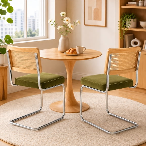 SESSLIFE Dining Chairs Set of 2, Rattan Cane Back Dining Room Chairs with Velvet Upholstered Seat, Cantilever Kitchen Chairs with Chrome Frame, 360 lbs, Olive Green