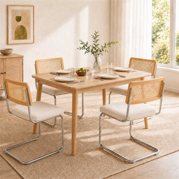 SESSLIFE Beige Dining Chairs Set of 4, Cane Rattan Back Dining Room Chairs with Velvet Upholstered Seat, Cantilever Kitchen Chairs with Chrome Frame, 300 lbs