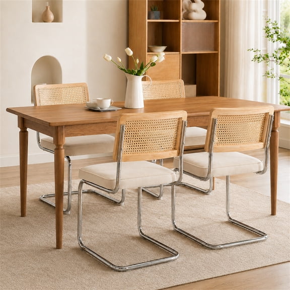 SESSLIFE Dining Chairs Set of 4, Cane Rattan Back Dining Room Chairs with Velvet Upholstered Seat, Cantilever Kitchen Chairs with Chrome Frame, 360 lbs, Beige