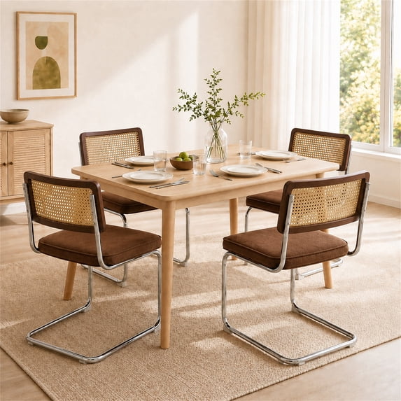 SESSLIFE Dining Chairs Set of 4, Cane Rattan Back Dining Room Chairs with Velvet Upholstered Seat, Cantilever Kitchen Chairs with Chrome Frame, 300 lbs,Coffee