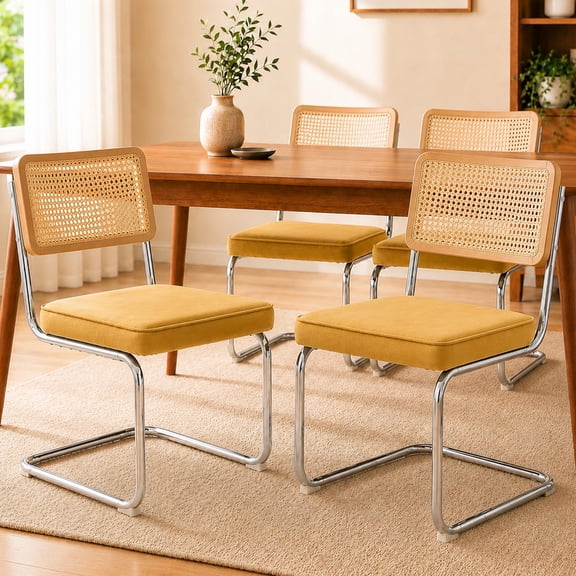 SESSLIFE Dining Chairs Set of 4, Cane Rattan Back Dining Room Chairs with Velvet Upholstered Seat, Cantilever Kitchen Chairs with Chrome Frame, 360 lbs, Gold