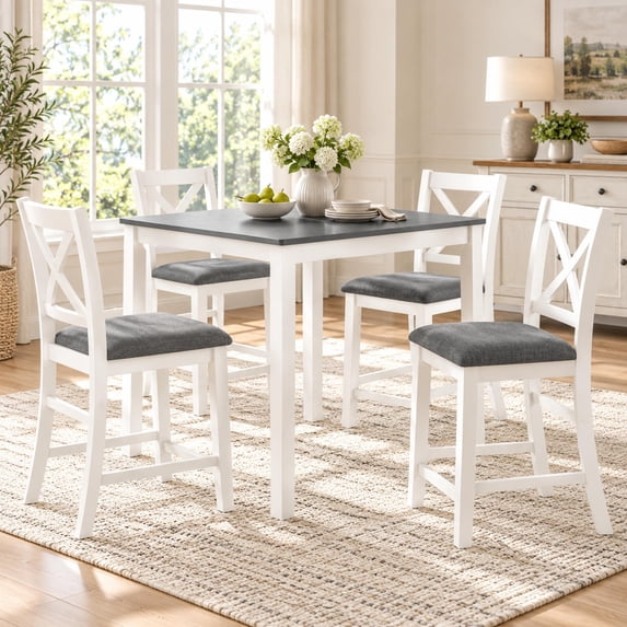SESSLIFE Dining Table Set for 4, Counter Height Kitchen Table Set with Square Table and 4 Upholstered Chairs, Solid Wood Dining Room Set for 4, Space-Saving, Grey & White