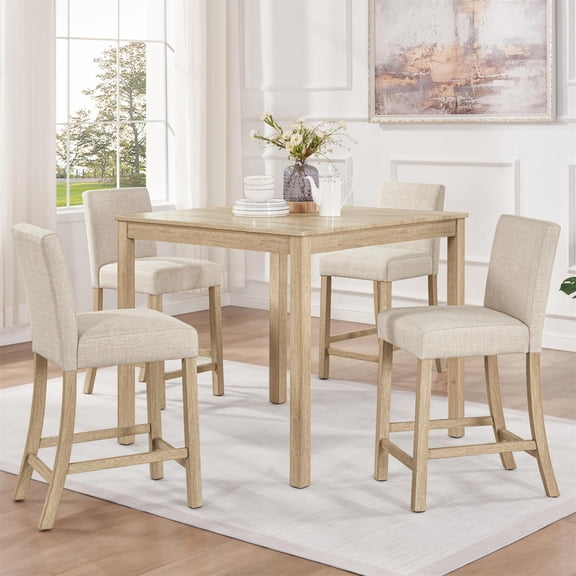 SESSLIFE Dining Table Set for 4, Counter Height Kitchen Table Set with Square Table and 4 Upholstered Chairs, Solid Wood Dining Room Set for 4, Space-Saving, Light Oak
