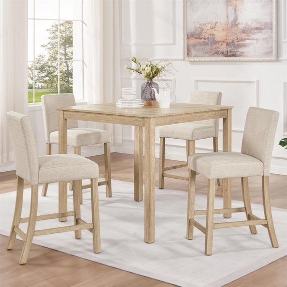 SESSLIFE Dining Table Set for 4, Counter Height Kitchen Table Set with Square Table and 4 Upholstered Chairs, Solid Wood Dining Room Set for 4, Space-Saving, Light Oak