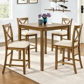 SESSLIFE Dining Table Set for 4, Counter Height Kitchen Table Set with Square Table and 4 Upholstered Chairs, Solid Wood Dining Room Set for 4, Space-Saving, Oak