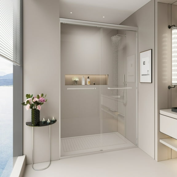 SESSLIFE Double Sliding Shower Door, Tempered Glass with Anti-Leak and Anti-Collision Design, Quiet Close Reversible Doors for Bathtub or Walk-In Shower, Easy to Clean, Brushed Nickel