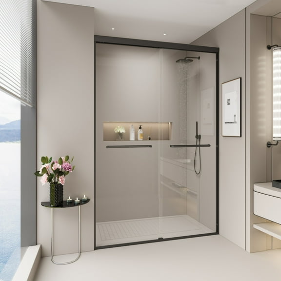 SESSLIFE Double Sliding Shower Door, Tempered Glass with Anti-Leak and Anti-Collision Design, Quiet Close Reversible Doors for Bathtub or Walk-In Shower, Easy to Clean, Matte Black