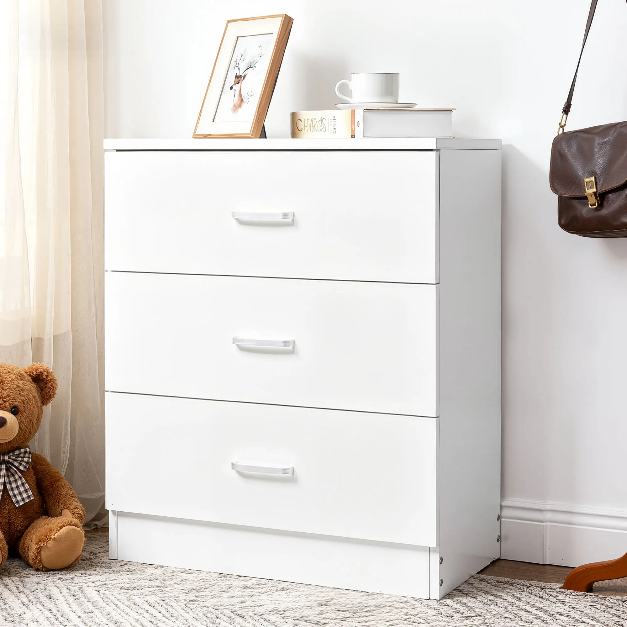 Enyopro Dresser for Bedroom, Wood 3 Drawer Dresser Storage Drawer, White Living Room Hallway Closets Drawer Chest