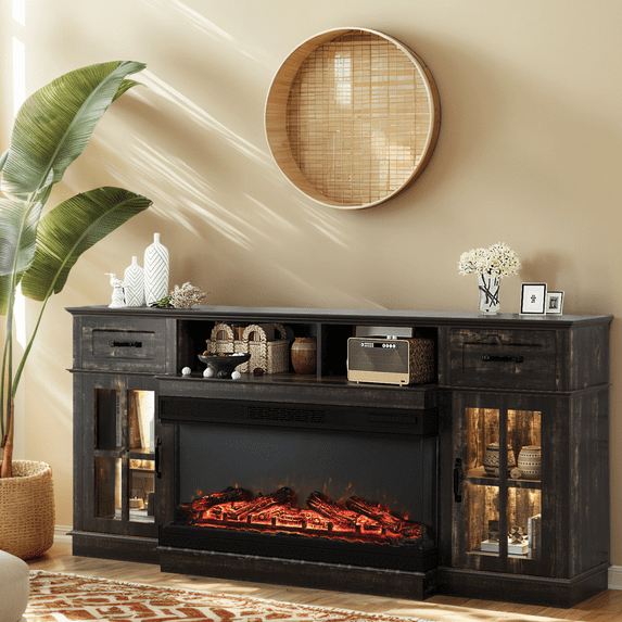 SESSLIFE Fireplace TV Stand for 80 Inch TV, 31'' Tall Farmhouse TV Stand with 2 Cabinets & Shelves, Entertainment Center with 3D Flame Electric Fireplace Heater, Black