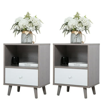 SESSLIFE End Side Table Set of 2 with a Drawer, Wood Bedside Table, Versatile Nightstand, Storage Shelf, Side Table for Home & Office, Gray