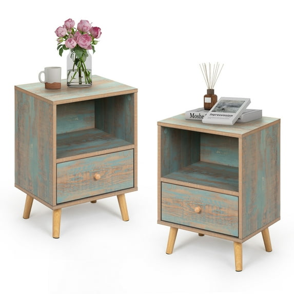 SESSLIFE End Side Table Set of 2 with a Drawer, Wood Bedside Table, Versatile Nightstand, Storage Shelf, Side Table for Home & Office, Patina Green