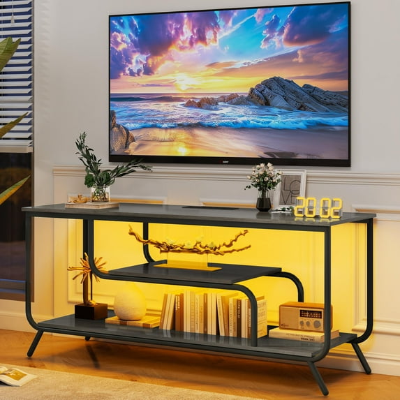 SESSLIFE Entertainment Center with LED Lights, Modern TV Stand for 55 inch TV, TV & Media Furniture with Storage, Media Table for Living Room, Bedroom (Dark Gray)