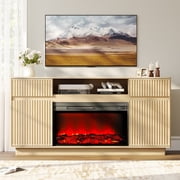 SESSLIFE Fireplace TV Stand for 70 Inch TV, 31 Tall Mid Century Modern Fluted TV Stand with 30 Electric Fireplace Heater, Entertainment Center with 2 Cabinets & Drawers, Natural Oak