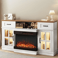 thumbnail image 1 of SESSLIFE Fireplace TV Stand for 65 Inch TV, 31'' Tall Farmhouse TV Stand with 2 Cabinets & Drawers, Entertainment Center with 3D Flame Electric Fireplace Heater, White+Brown, 1 of 6