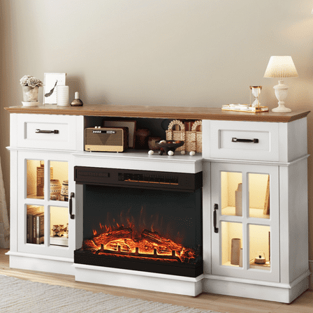 SESSLIFE Fireplace TV Stand for 65 Inch TV, 31'' Tall Farmhouse TV Stand with 2 Cabinets & Drawers, Entertainment Center with 3D Flame Electric Fireplace Heater, White+Brown