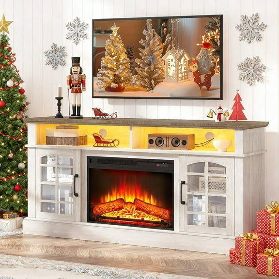 SESSLIFE Fireplace TV Stand for 65 Inch TV, TV Console with 24''Electric Fireplace, Console Entertainment Center Television Table for Living Room or Bedroom, White+Brown