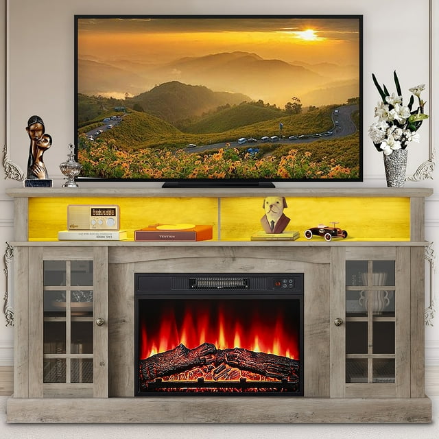 SESSLIFE Fireplace TV Stand for 65 Inch TV, LED TV Console with 23''Electric Fireplace, Entertainment Center Television Table for Living Room or Bedroom, Wash Gray