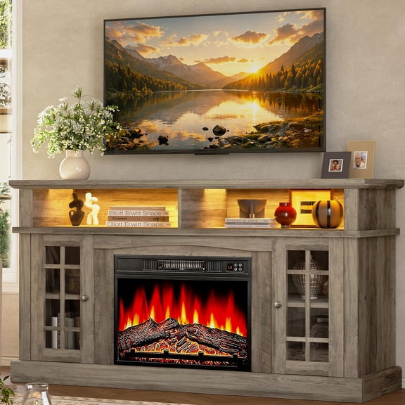SESSLIFE Fireplace TV Stand for TVs up to 65 Inches, Farmhouse Entertainment Console with 23-Inch Electric Fireplace, Wash Gray