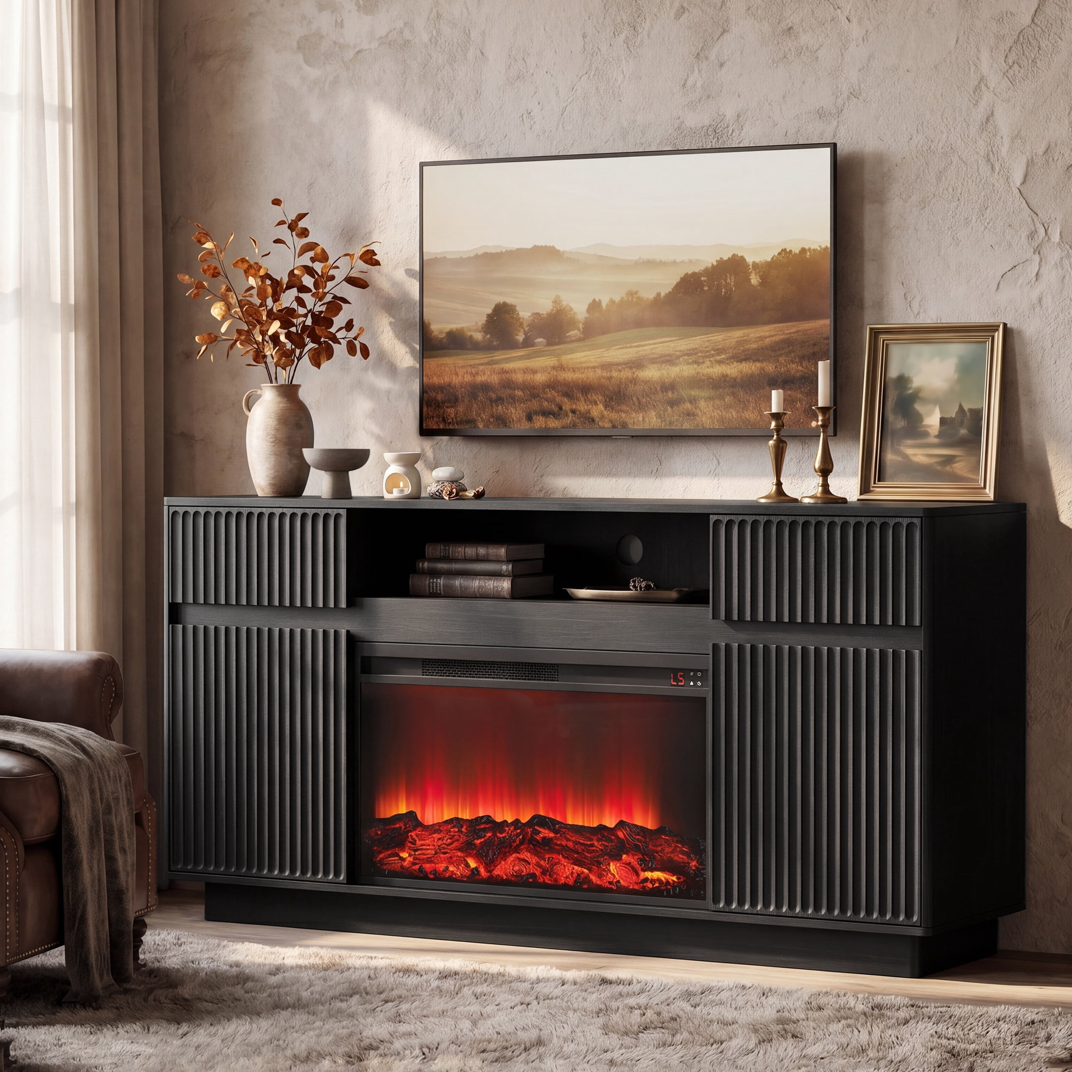 SESSLIFE Fireplace TV Stand for 70 Inch TV, 31'' Tall Mid Century Modern Fluted TV Stand with 2 Cabinets & Drawers, Entertainment Center with 3D Flame Electric Fireplace Heater, Black