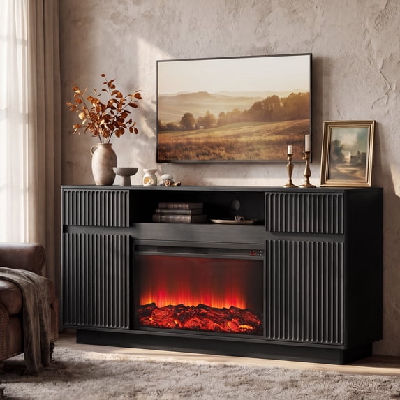SESSLIFE Fireplace TV Stand for 70 Inch TV, 31'' Tall Mid Century Modern Fluted TV Stand with 2 Cabinets & Drawers, Entertainment Center with 3D Flame Electric Fireplace Heater, Black