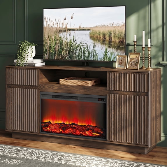 SESSLIFE Fireplace TV Stand for 70 Inch TV, 31'' Tall Mid Century Modern Fluted TV Stand with 30'' Electric Fireplace Heater, Entertainment Center with 2 Cabinets & Drawers, Walnut