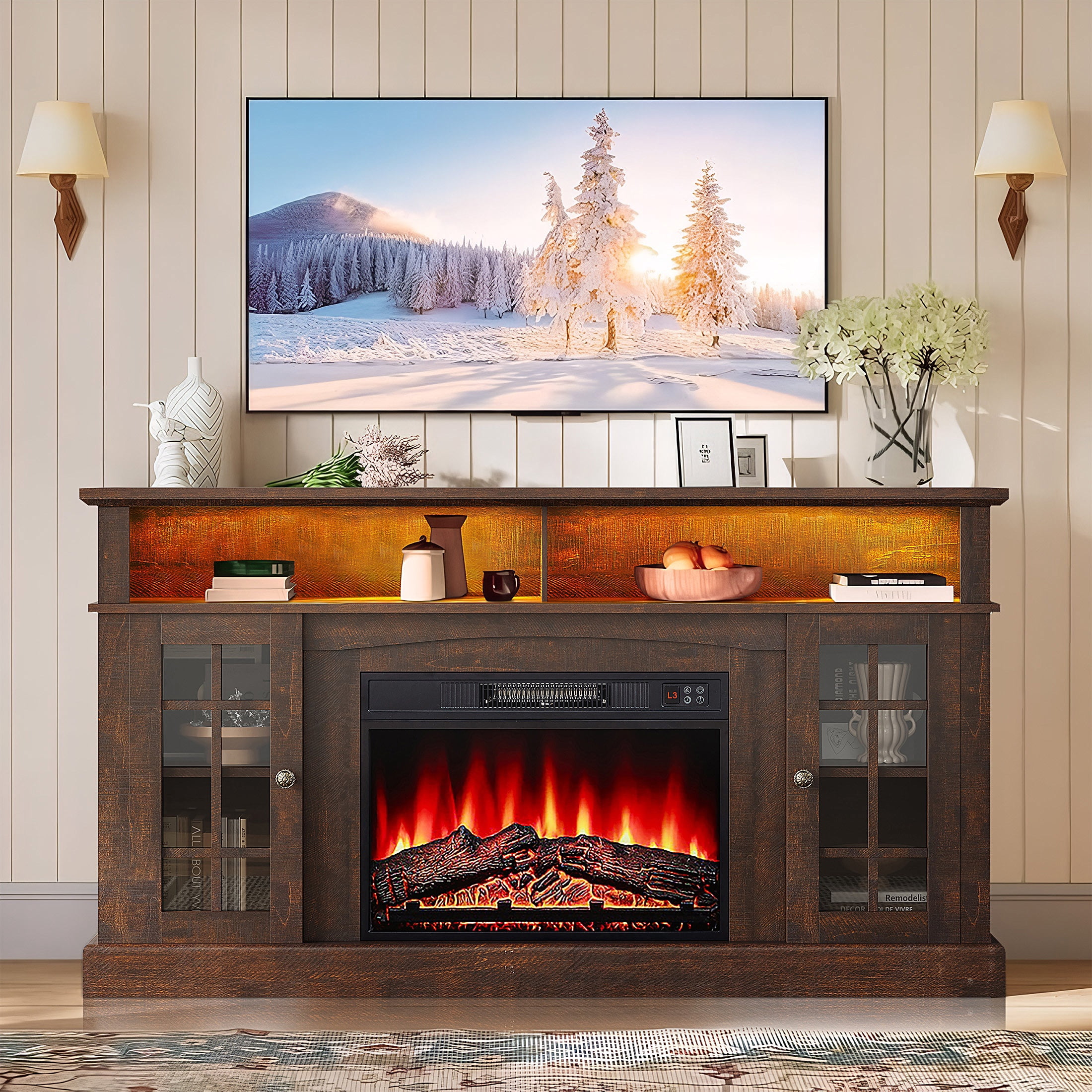 SESSLIFE Fireplace TV Stand for 65 Inch TV, LED TV Console with 23''Electric Fireplace, Entertainment Center Television Table for Living Room or Bedroom, Brown