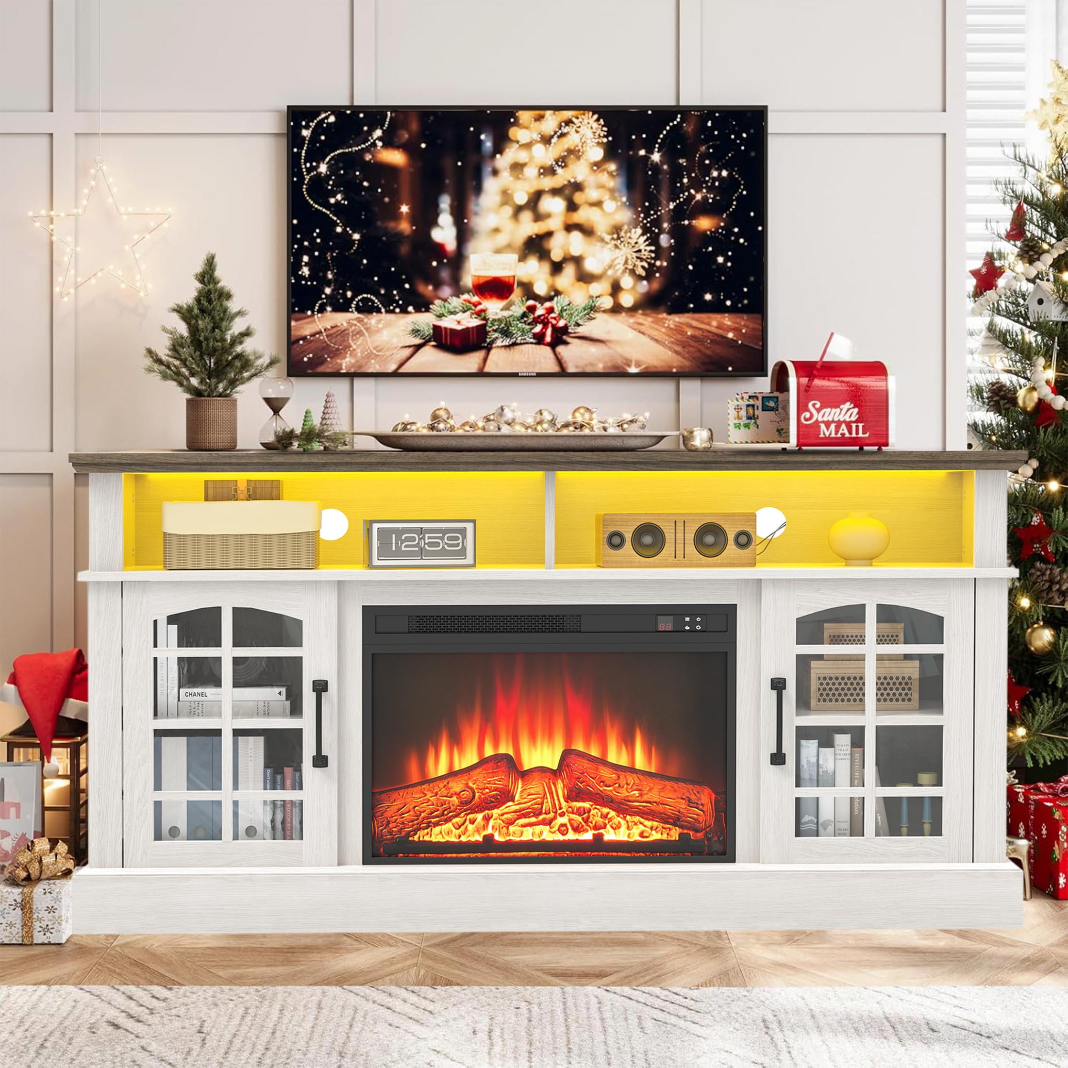 SESSLIFE Fireplace TV Stand with LED Light for 65 Inch TV, TV Console with 24''Electric Fireplace, Console Entertainment Center Television Table for Living Room or Bedroom, White+Brown - Walmart.com