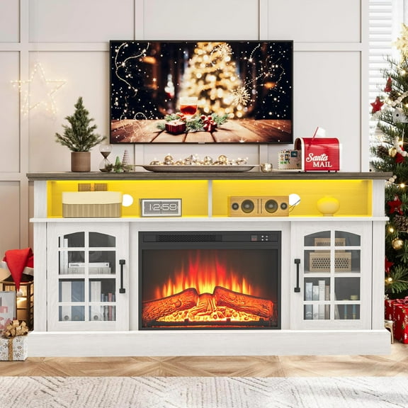 SESSLIFE Fireplace TV Stand with LED Light for 65 Inch TV, TV Console with 24''Electric Fireplace, Console Entertainment Center Television Table for Living Room or Bedroom, White+Brown