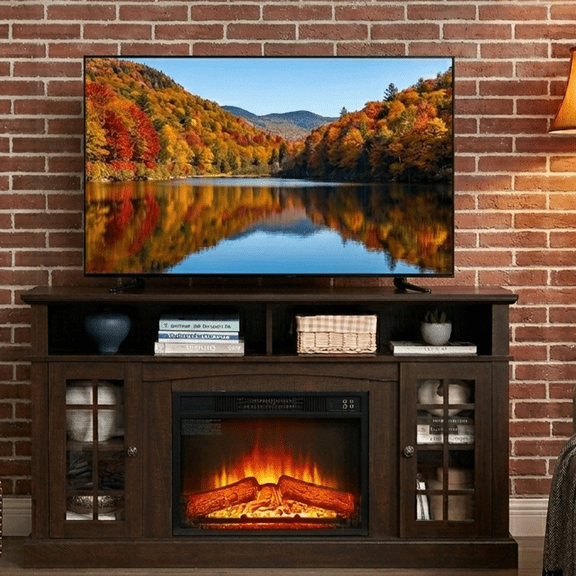SESSLIFE Fireplace TV Stand for 65 Inch TV, TV Console with 23''Electric Fireplace, Console Entertainment Center Television Table for Living Room or Bedroom, Brown