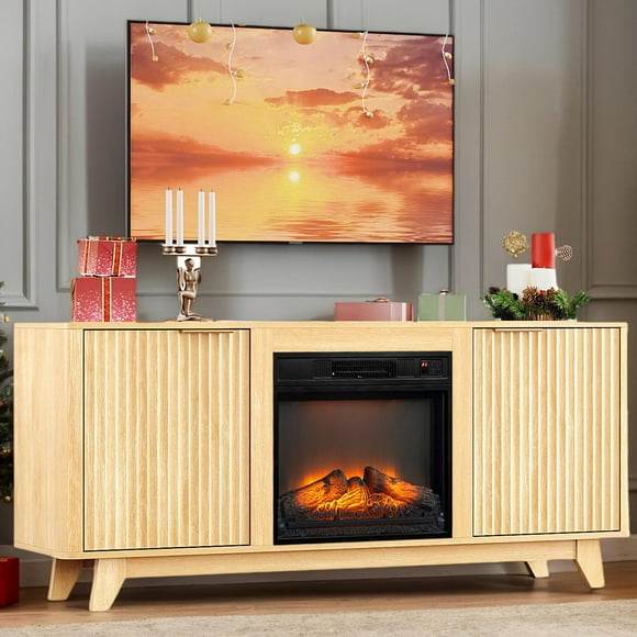 SESSLIFE Fireplace TV Stand with LED Light for 65 Inch TV, TV Console with 18''Electric Fireplace, Console Entertainment Center Television Table for Living Room or Bedroom, Natural