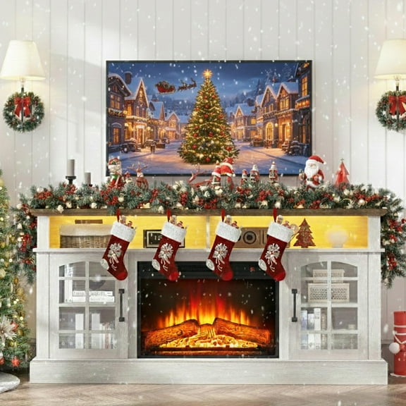 SESSLIFE Fireplace TV Stand with LED Light for 65 Inch TV, TV Console with 24''Electric Fireplace, Console Entertainment Center Television Table for Living Room or Bedroom, White+Brown