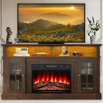 SESSLIFE Fireplace TV Stand for 65 Inch TV, TV Console with 23''Electric Fireplace, Console Entertainment Center Television Table for Living Room or Bedroom, Brown
