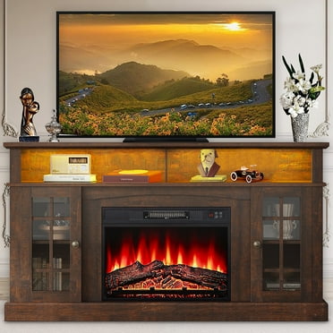 SESSLIFE Fireplace TV Stand for 65 Inch TV, TV Console with 23''Electric Fireplace, Console Entertainment Center Television Table for Living Room or Bedroom, Brown