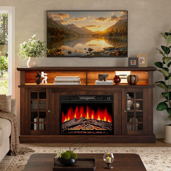 SESSLIFE Fireplace TV Stand for 65 Inch TV, 32''Tall LED TV Console with 23''Electric Fireplace, Entertainment Center Television Table for Living Room or Bedroom, Brown